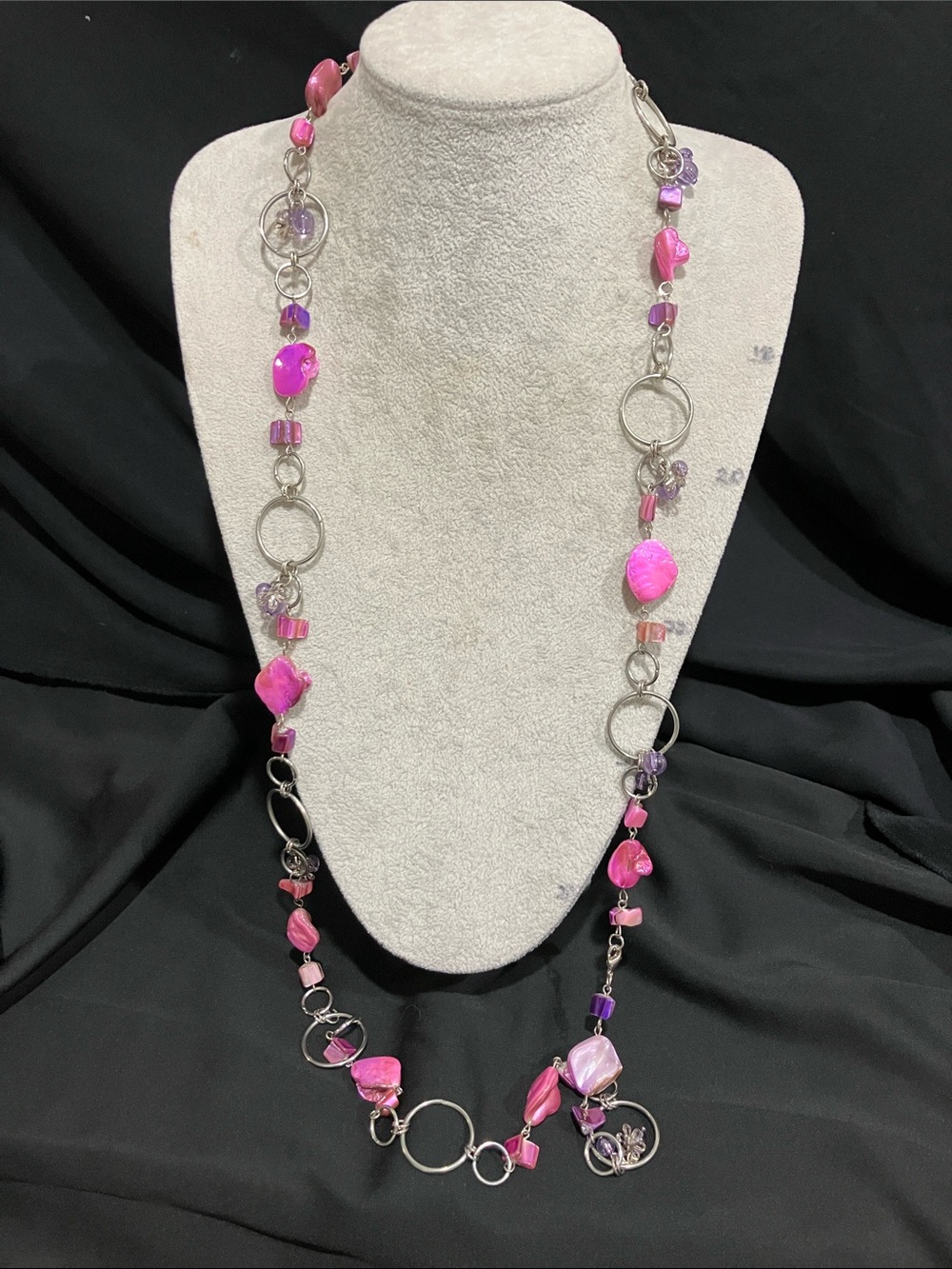 Long Pink Bead and Silver Ring Necklace